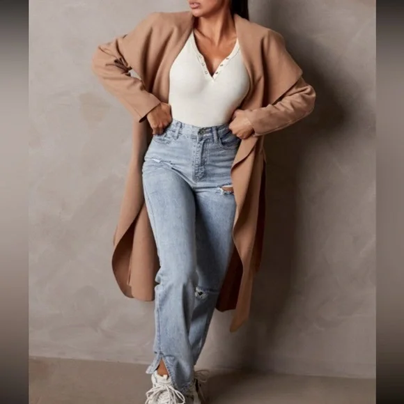 02 Made in Italy Belted Shawl Coat With Side Pockets - Picture 2 of 2